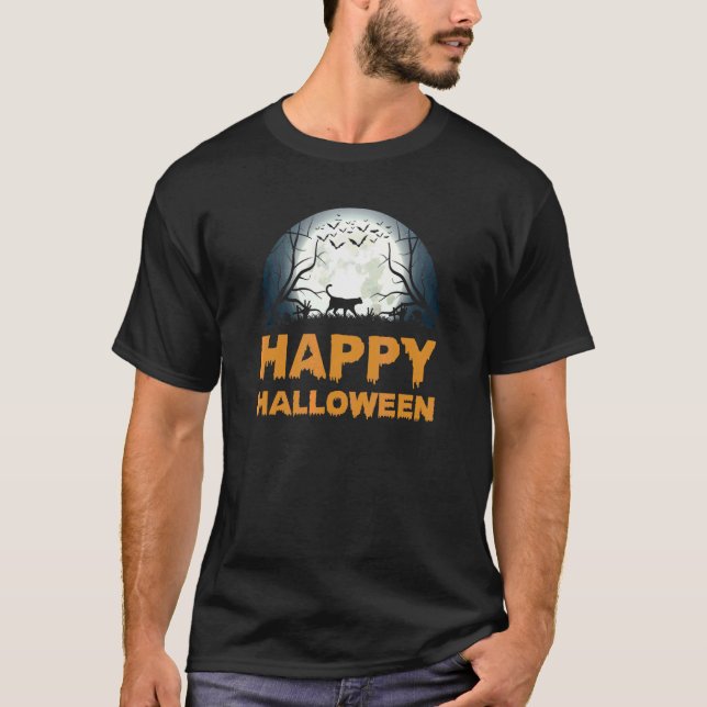 Damkvällande Halloween-måne-kattdesign T Shirt (Framsida)