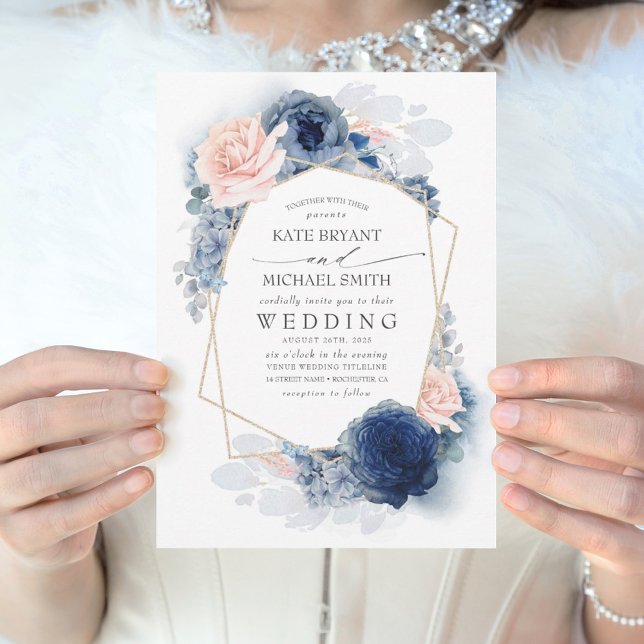  damm och marin blå Blommigt Bröllop Inbjudningar (Dusty Blue and Blush Floral Wedding Invitation)