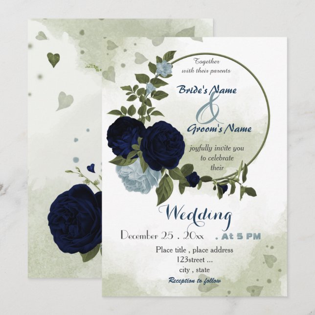 Dammbildande blå blommor i marin krans bröllop inbjudningar (Fram/baksida)