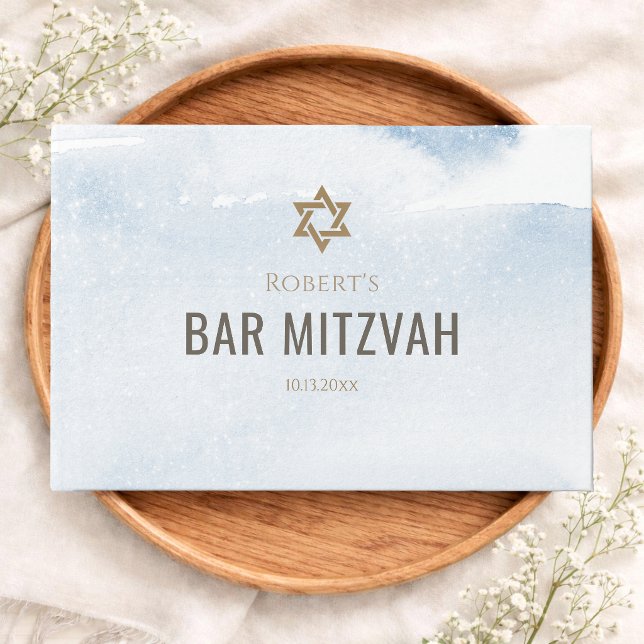 Dammblå akvarell Bar Mitsva Gästböcker (Dusty Blue Watercolor Bar Mitzvah Guest Book)