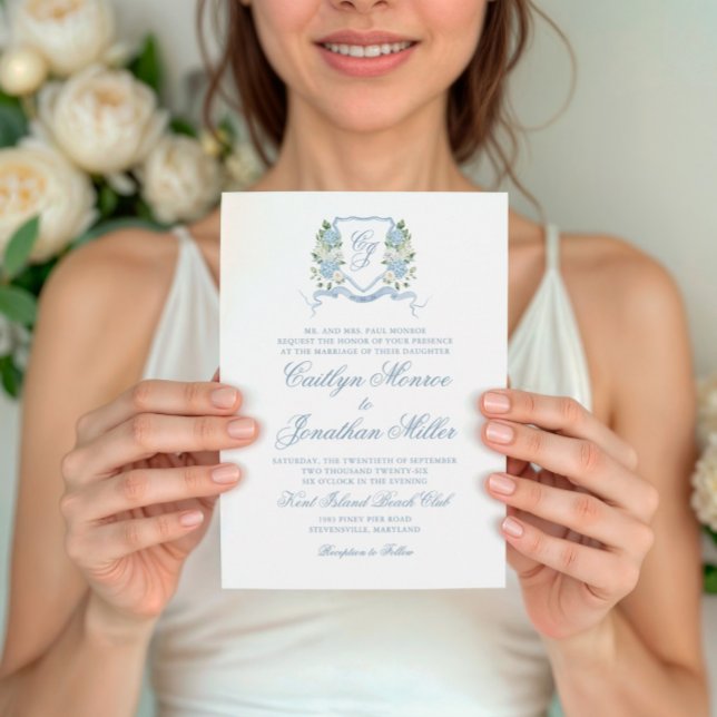 Dammblå Akvarell Blommig Vapen Wedding Inbjudningar (Skapare uppladdad)