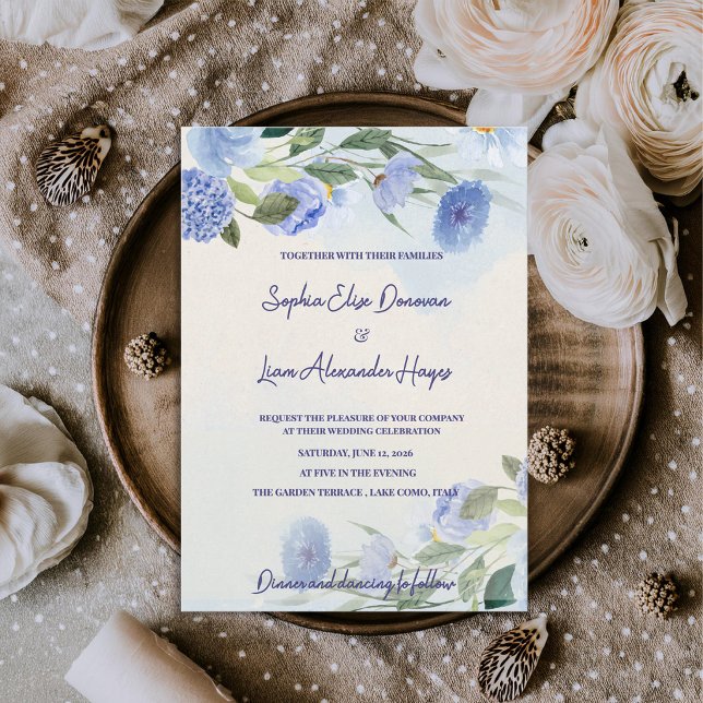 Dammblå akvarellblomma Botanisk Bröllop Inbjudningar (Dusty Blue Watercolor Floral Wedding Invitation | Elegant Botanical Garden Wedding Invite)