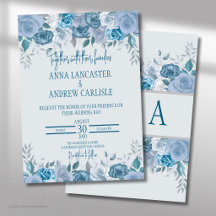 Dammblå akvarellblommig bröllopsinbjudan