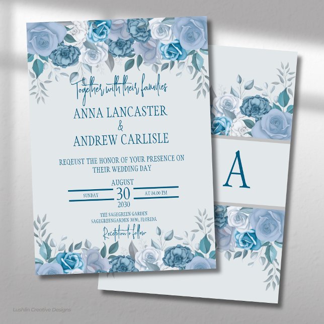Dammblå akvarellblommig bröllopsinbjudan  inbjudningar (Skapare uppladdad)