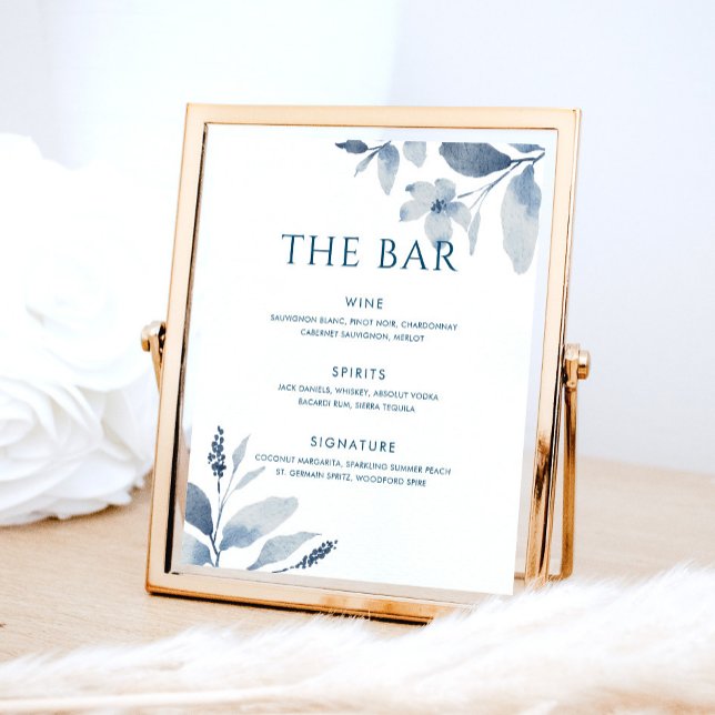 Dammblå akvarellblommig menytafel för bröllopsbar poster (Skapare uppladdad)