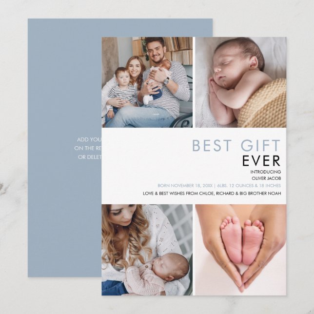 Dammblå Baby Pojke Modern 4 Foto Födelse  Meddelande (Fram/baksida)