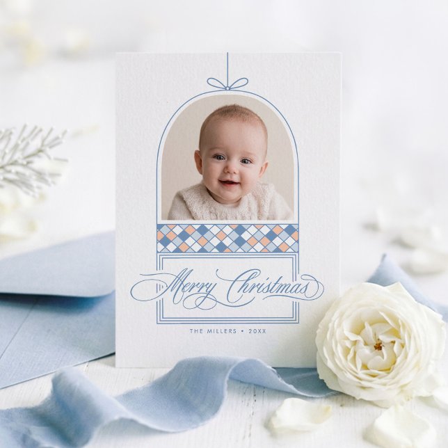 Dammblå Bågformad Ornament Jul Foto Julkort (Modern Merry Christmas Photo Cards)
