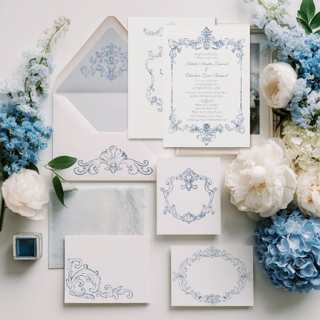 Dammblå Barockbröllop Inbjudningar (Skapare uppladdad)