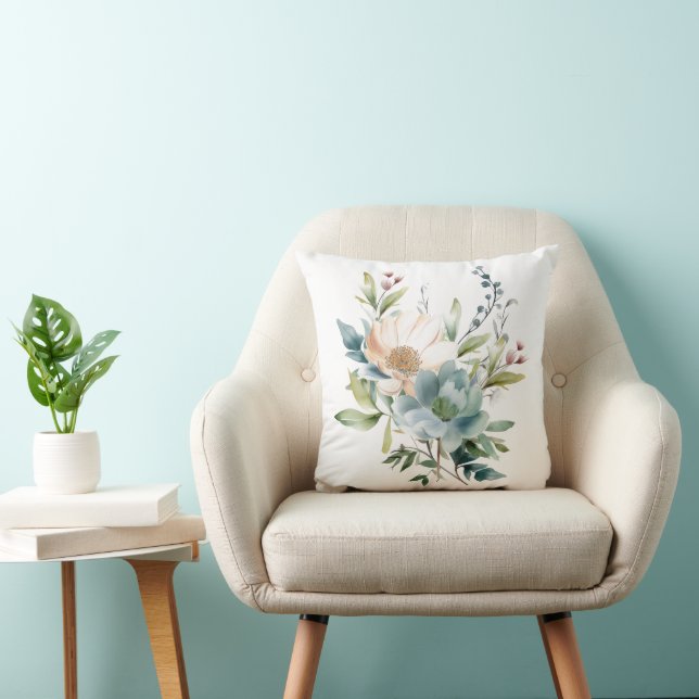 Dammblå Beige Peach Vattenfärg Blommig Kudde (Stol)