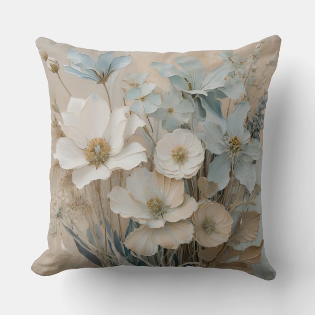 Dammblå Beige Vit Kräm Blommig Kudde (Framsida)