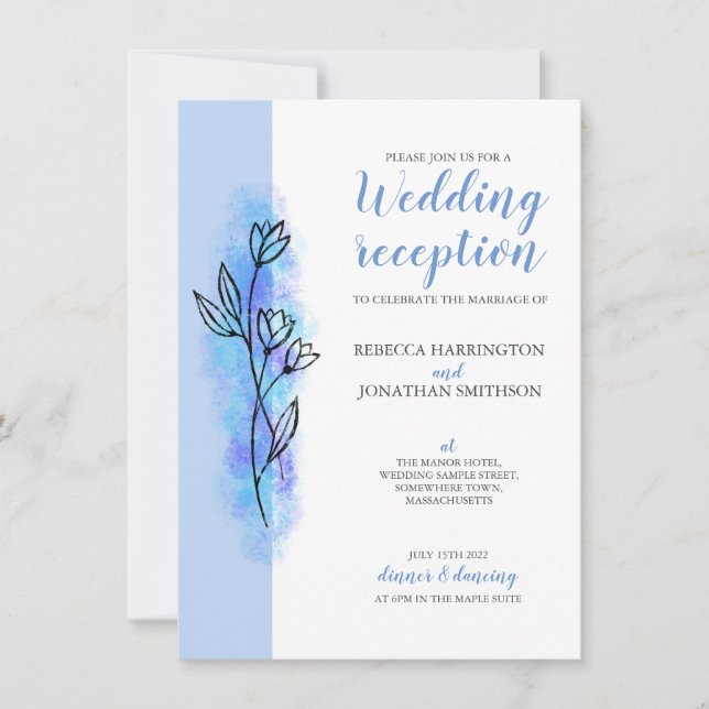 Dammblå Blomma Modern Bröllopsmottagning Kort (Framsida)