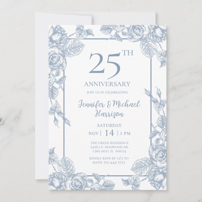 Dammblå Blommig 25-årsjubileum Inbjudningar (Framsida)