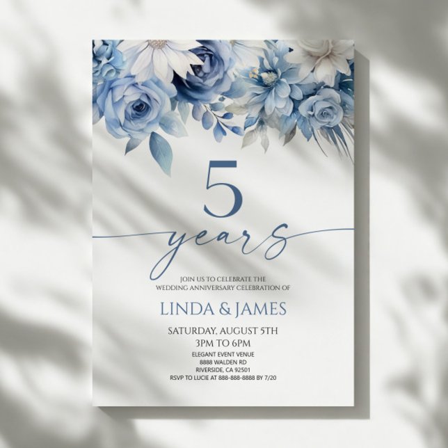 Dammblå Blommig 5-års Bröllopsdag Inbjudningar (Skapare uppladdad)