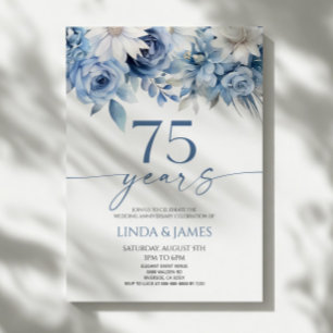 Dammblå Blommig 75-års Bröllopsjubileum Inbjudningar