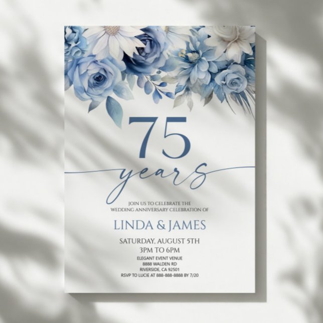 Dammblå Blommig 75-års Bröllopsjubileum Inbjudningar (Skapare uppladdad)