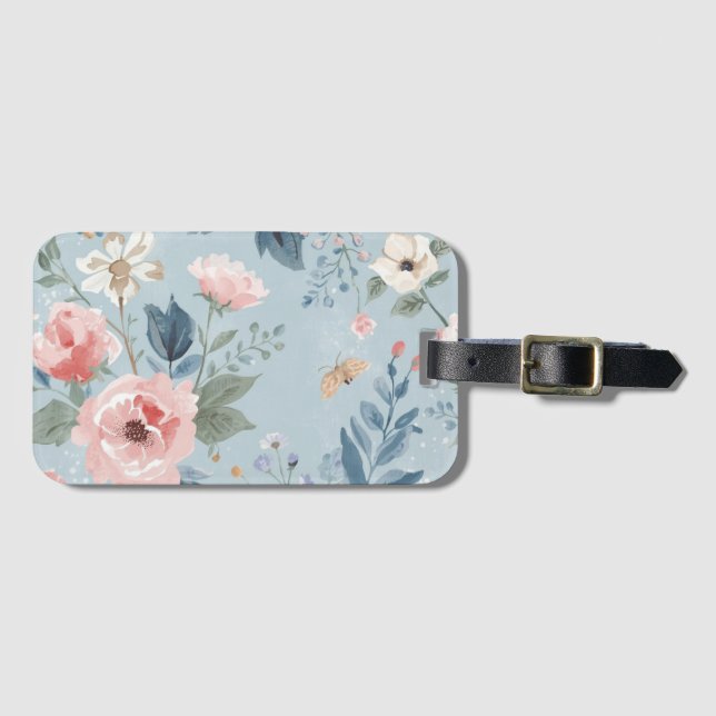 Dammblå Blommig Akvarell Trädgård Rosa Blommor Bagagebricka (Framsida horisontal)
