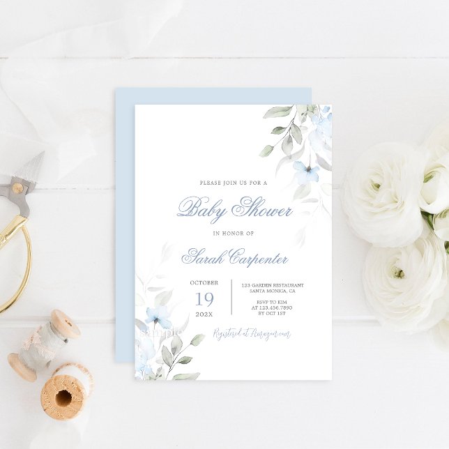 Dammblå Blommig Baby Shower Pojke Inbjudningar (Skapare uppladdad)