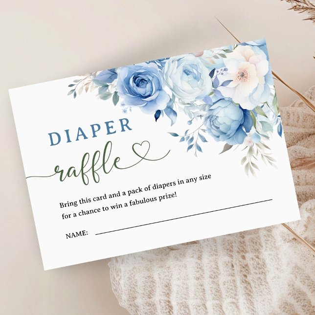 Dammblå Blommig Bebis Shower Blöja Lotteri Tilläggskort (Skapare uppladdad)