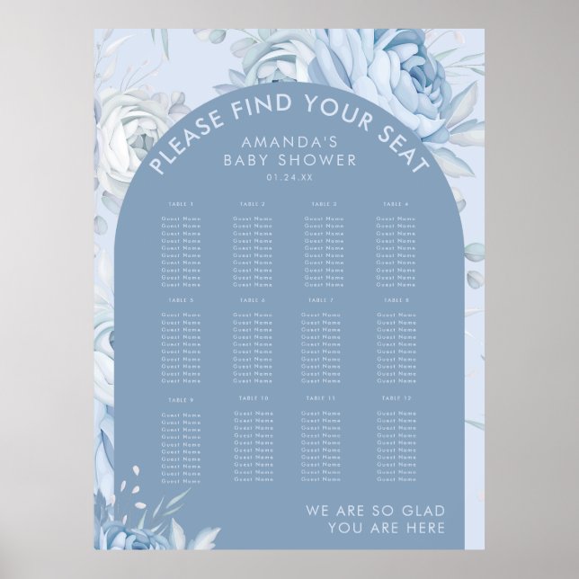 Dammblå Blommig Bebisdusch Sittplatsschema Poster (Framsidan)