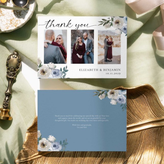 Dammblå Blommig Bröllop 3 Foto Collage Elegant Tack Kort (Skapare uppladdad)