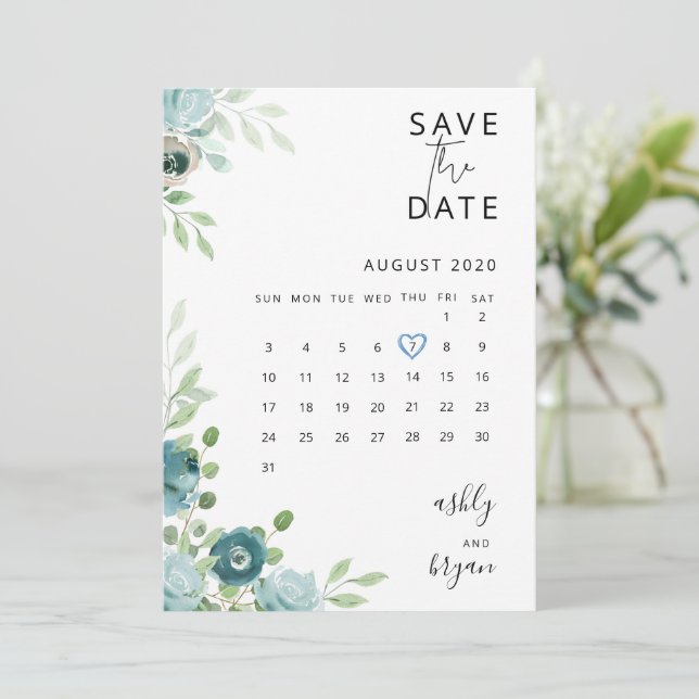 Dammblå Blommig Bröllop Save The Date-kort Spara Datumet (Stående Fram)