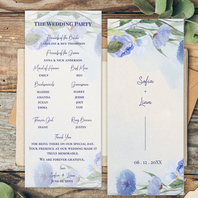 Dammblå Blommig Bröllopsceremoni Program (Dusty Blue Watercolor Floral Wedding Program Card | Elegant Blue Botanical Ceremony Order of Events )