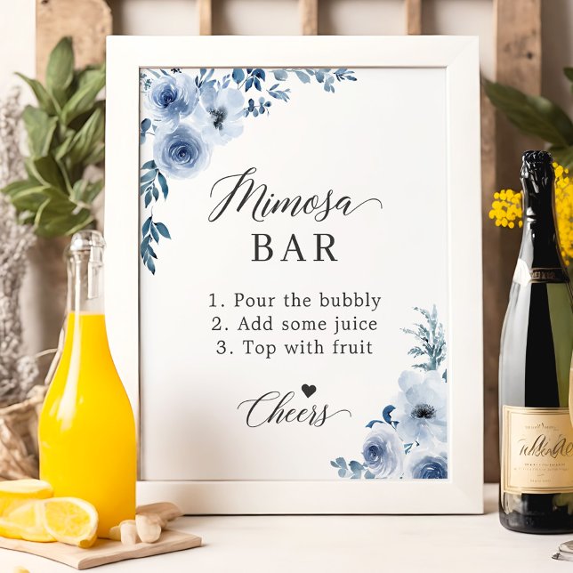 Dammblå Blommig Bröllopsdusch Mimosa Bar skylt (Skapare uppladdad)
