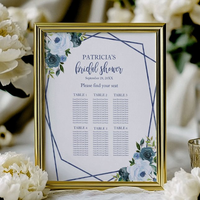 Dammblå Blommig Bröllopsmottagning Placeringsplan Poster (Skapare uppladdad)