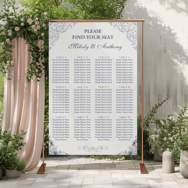 Dammblå Blommig Bröllopsplatskarta Poster (Skapare uppladdad)