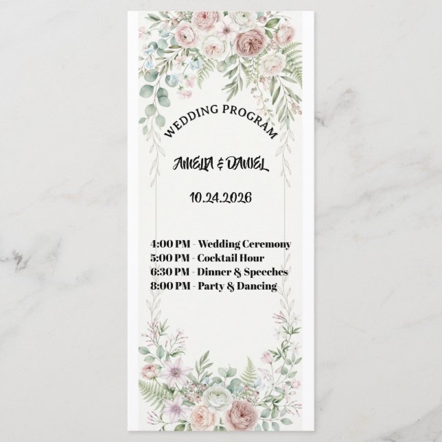 Dammblå Blommig Bröllopsprogramkort Program (Framsida)