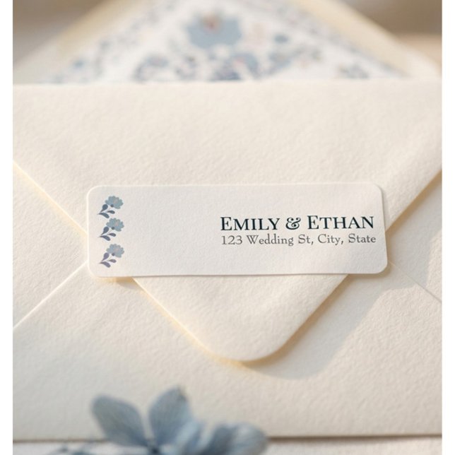 Dammblå Blommig Bröllopsreturadressetikett Returadress Etikett (Dusty blue wedding envelope with floral return address label elegant stationery suite detail.)