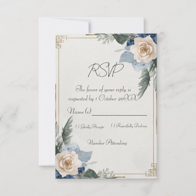 Dammblå Blommig Elegant Bröllopsanmälan OSA Kort (Framsida)