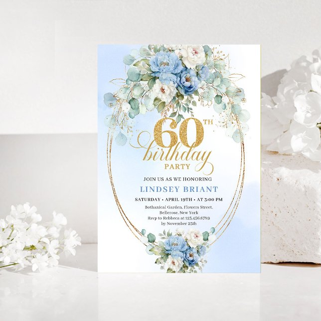 Dammblå Blommig Eukalyptus 60-års Födelsedagsinbju Inbjudningar (Dusty Blue Floral Eucalyptus 60th Birthday Invitation)