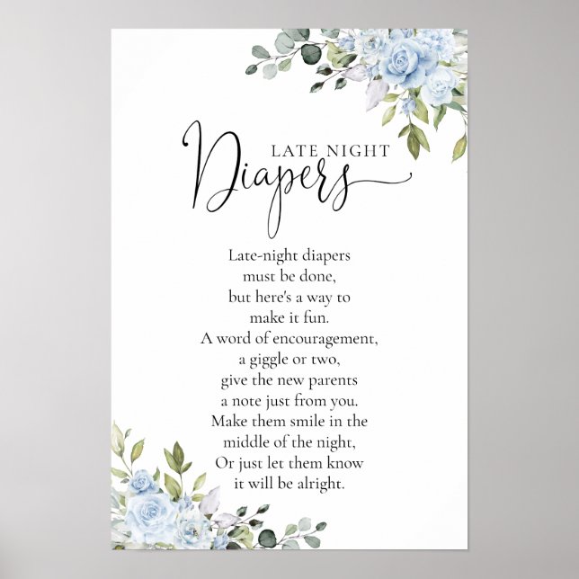 Dammblå Blommig Eukalyptus Baby Shower Affisch (Framsidan)