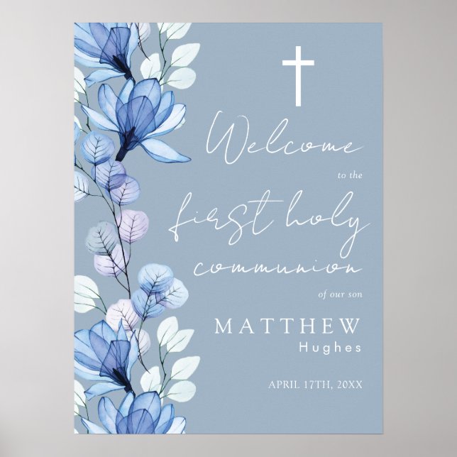 Dammblå Blommig Första Nattvarden Välkomstskylt Poster (Framsidan)