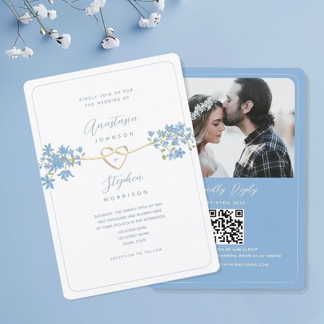 Dammblå Blommig Foto Bröllopsinbjudan med QR Inbjudningar (Skapare uppladdad)