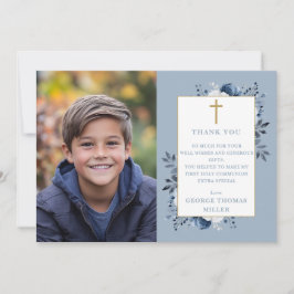 Dammblå Blommig Foto Första Kommunion Tack Kort