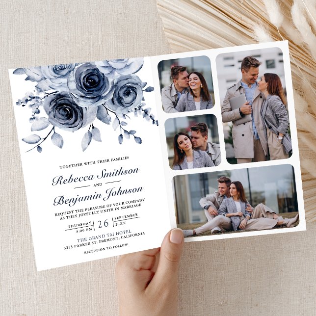 Dammblå Blommig Fotokollage QR-kod Bröllop Inbjudan (Skapare uppladdad)