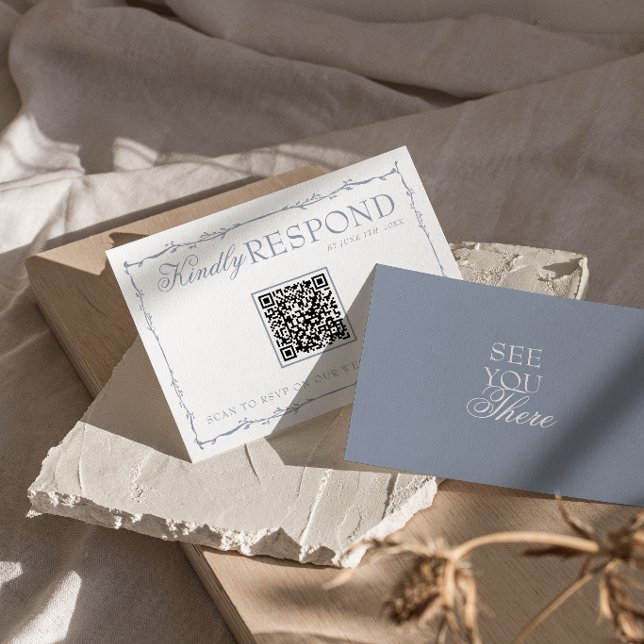 Dammblå Blommig Gammal Peng QR-kod Bröllop OSA Kort (Skapare uppladdad)