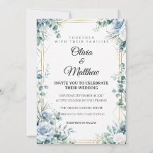 Dammblå Blommig Guld Bröllopsinbjudan