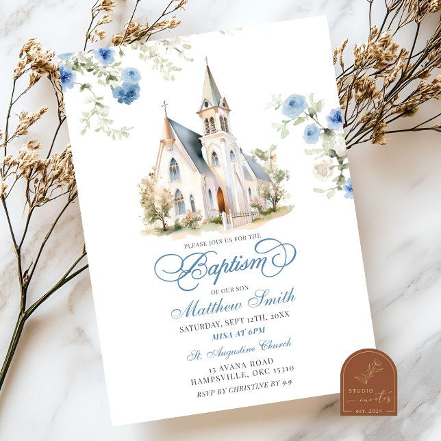 Dammblå Blommig Klassisk Kyrkdop Inbjudningar (Skapare uppladdad)