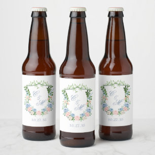 Dammblå Blommig Krönings Bröllop Ölflaska Etikett