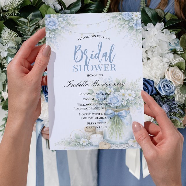 Dammblå Blommig Masonkruka Bröllopsfest Inbjudningar (Dusty Blue Floral Mason Jar Bridal Shower Invitations
)