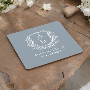 Dammblå Blommig Monogram Bröllopskrönika Modern Underlägg Papper Kvadrat