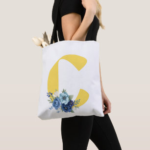 Dammblå Blommig Monogram Gul Första Bokstav Födels Tygkasse