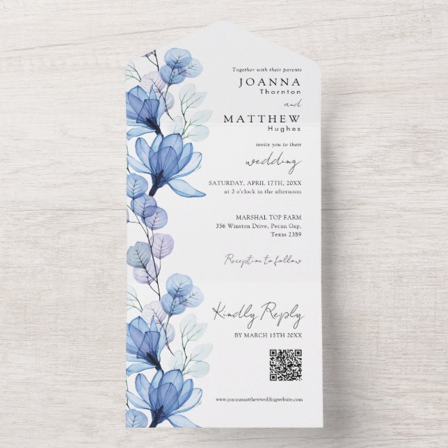 Dammblå Blommig Monogram QR-kod Bröllop (Insida)