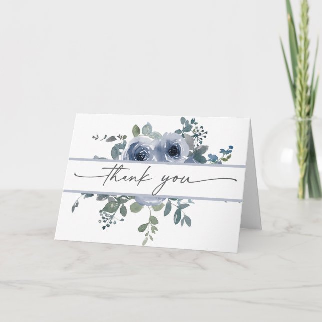 Dammblå Blommig och Grå Bröllop Tacksamhetskort Tack Kort (Framsida)