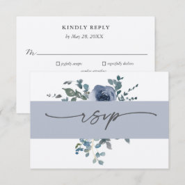 Dammblå Blommig och Grå Bröllops RSVP Inbjudningar