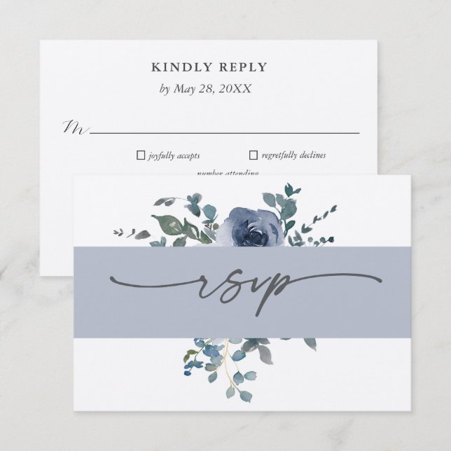 Dammblå Blommig och Grå Bröllops RSVP Inbjudningar (Fram/baksida)