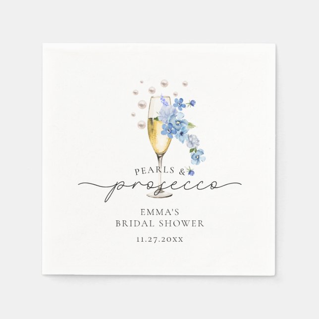 Dammblå Blommig Pärlor & Prosecco Bröllopsfest Pappersservett (Framsidan)